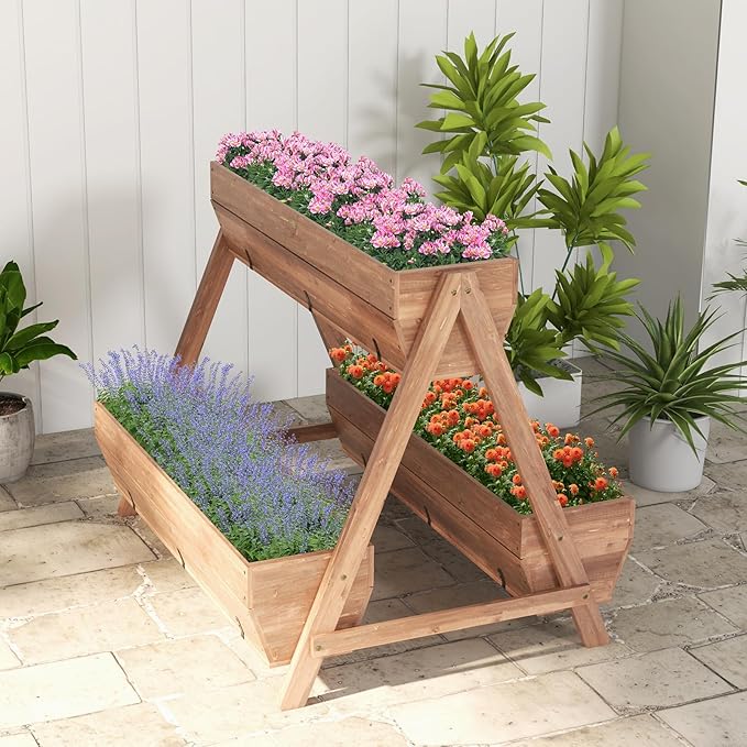 Giantex Vertical Raised Garden Bed, 3 Large Wood Planter Boxes for Flower Vegetable Fruit Herb, Freestanding Planter with Drain Holes, Elevated Raised Beds for Indoor Outdoor Lawn Patio Yard, Brown Giantex