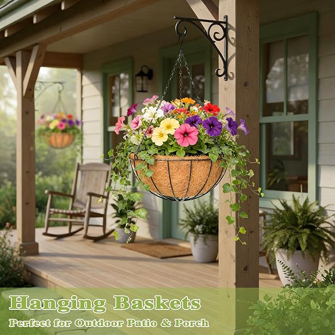 4 Pack 12 Inch Hanging Baskets for Plants Outdoor Metal Hanging Planter Hanging Flower Baskets with Coco Fiber Liners Chain Round Wire Plant Holder Hangings Flower Pots(Watermelon) Qusuxi