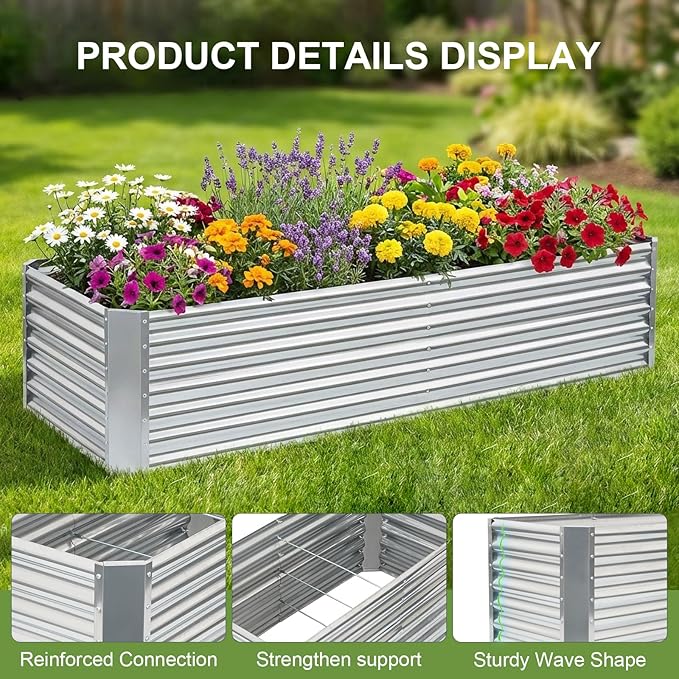 8x2x2ft Raised Garden Bed - Galvanized Deep Root Planter Boxes Outdoor with Wing Nuts and Safety Edges for Gardening Vegetables, Flowers, Herbs, Succulents - Silver GoCampDirect