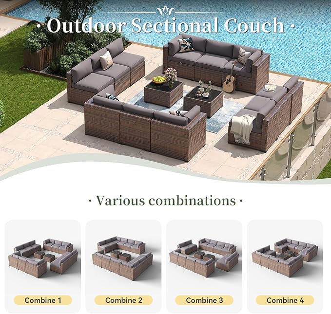 Aoxun 14 Piece Patio Furniture Set Wicker Rattan Patio Conversation Set Outdoor Sectional Sofa Set with Coffee Table and Thickened Cushions, Gray(Waterproof Cover Included) Aoxun