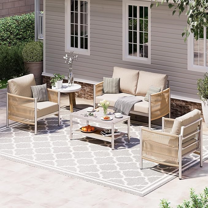 Aluminum Outdoor Patio Furniture Set with Dual-Layer Coffee Table, 4 Piece Modern Patio Conversation Sets with PE Rope, Outdoor Sectional Sofa with Thick Cushions for Balcony, Deck, Beige Oasbira
