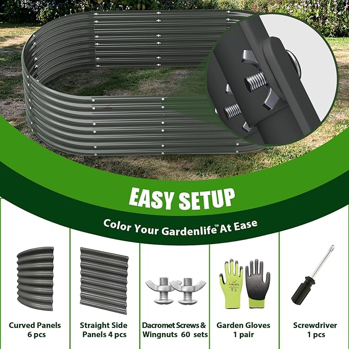 A ANLEOLIFE 8-Set 8X4X2 ft Galvanized Raised Garden Bed Kit, Oval Metal Deep Root Planters for Outdoor Plants, Quartz Grey AAnleolife