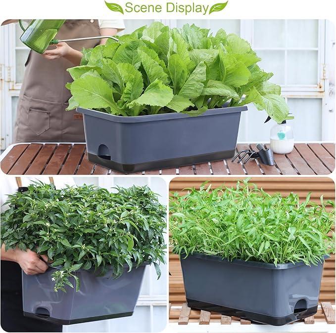Window Box Planter 8 Pcs, 17 Inches Rectangle Flower Pots with Drainage Holes and Trays, Vegetable Planters for Windowsill Patio Garden Balcony Home Porch Yard Indoor Outdoor (Grey) Oliz