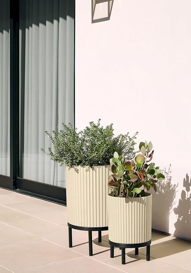 Veradek Demi Series Round Planter w/Stand for Porch/Patio | Durable Plastic-Stone Composite & Wooden Stand | Modern Décor for Tall Plants, Flowers VeradekOutdoor