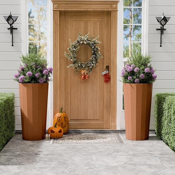 23.6" Tall Outdoor Planters Set of 2, Large Planters for Outdoor Plants for Porch Decor with Drainage Hole, Wide Stripe Design Porch Flower Pots for Indoor Pot Patio/Garden, Terracotta Outdoorchairs