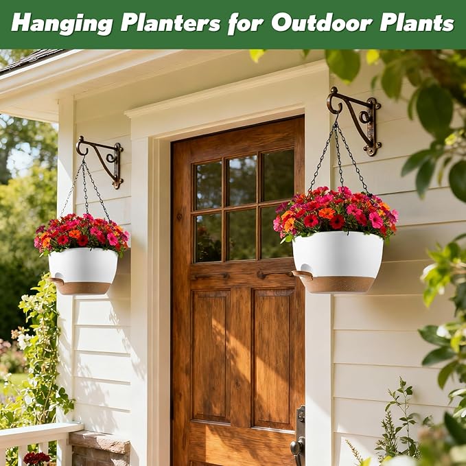 3-Piece Set of 10-Inch Hanging Planters with Automatic Watering System and Drip Tray, Includes Metal Chain, Suitable for Various Indoor and Outdoor Plants and Flowers, White-Brown Rootora