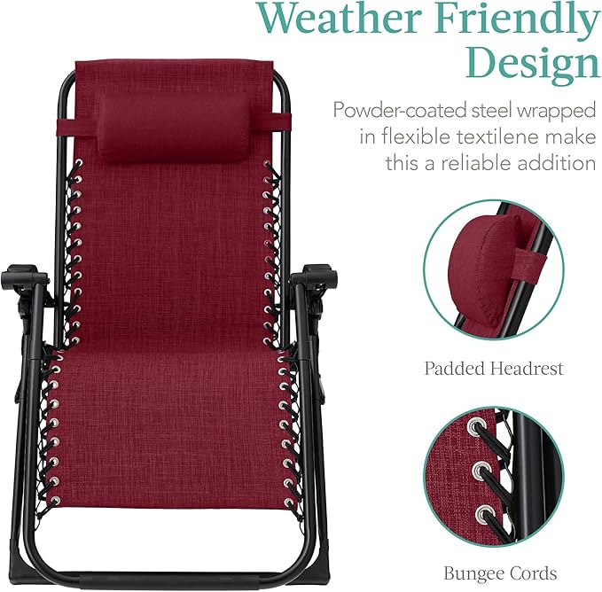 Best Choice Products Oversized Zero Gravity Chair, Folding Outdoor Patio Recliner, XL Anti Gravity Lounger w/Removable Cushion, Cup Holder, Side Tray, 350lb Capacity - Burgundy BestChoiceProducts
