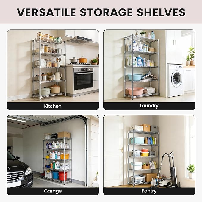 Xcity Storage Shelves, 5 Tier Heavy Duty Metal Shelving Unit, 2000 LBS Capacity Adjustable Steel Wire Shelf Organizer for Pantry, Kitchen, Garage, 14" D x 30" W x 60" H, Chrome Rootora