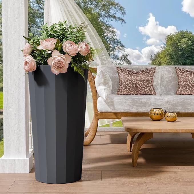 23.6" Tall Outdoor Planters Set of 2, Large Planters for Outdoor Plants for Porch Decor with Drainage Hole, Wide Stripe Design Porch Flower Pots for Indoor Pot Patio/Garden, Gray Blue Outdoorchairs