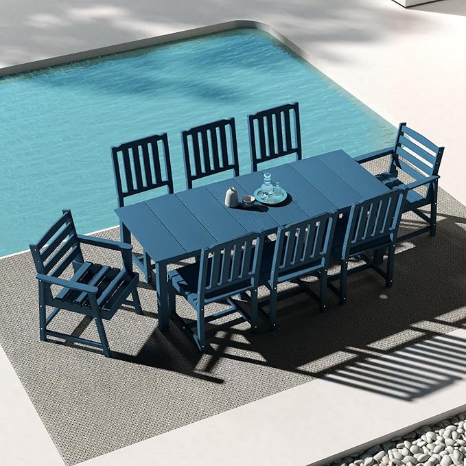 9-Piece Outdoor Dining Set for 8, 75.2'' HDPE Table with Umbrella Hole & Chairs, Weather-Resistant Patio Furniture for Lawn, Yard, Balcony, Deck Navy Blue PatioKingdom