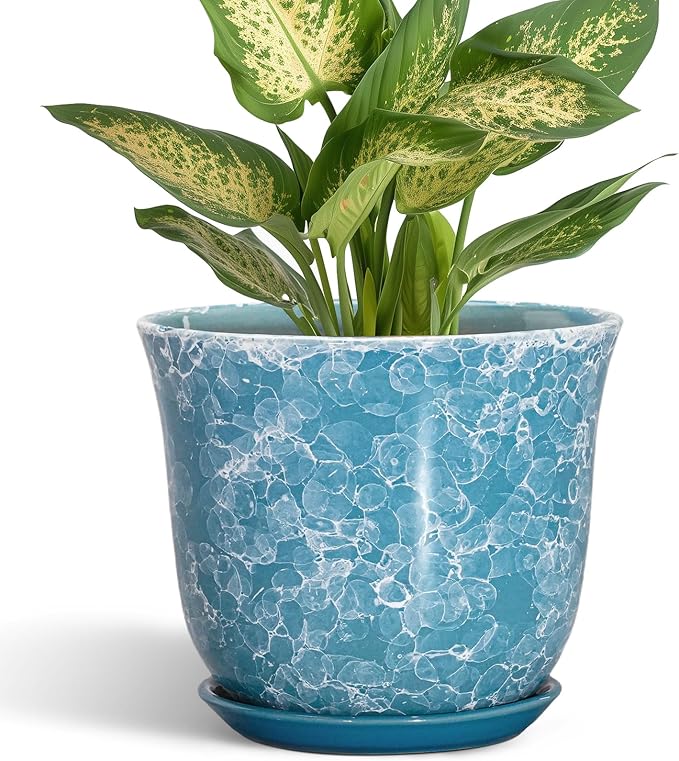 Ceramic Pots for Plants - 5.6 Inch Plant Pot with Drainage Hole and Saucer, Round Succulent Flower Orchid Pot for Indoor Outdoor, Modern Planter, Home Room Decor, Gift for Plant Lover, Blue SUNPOTFOR