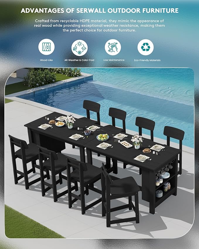 SERWALL Outdoor Bar Table and Chairs Set, 5-Piece HDPE Counter Height Patio Dining Sets with Storage and Wine Rack, Rectangular High Top Bar Table with 4 Bar Stools for Garden, Backyard, Black SERWALL