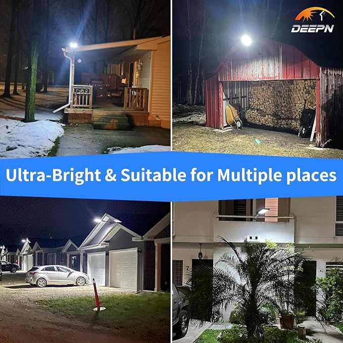 Solar Lights Outdoor, IP66 Waterproof Street Lights Outdoor, 6500K Dusk to Dawn Solar Security Flood Lights Motion Sensor with Remote Control for Yard, Entryway Garage, Porch 4 Pack DEEPN