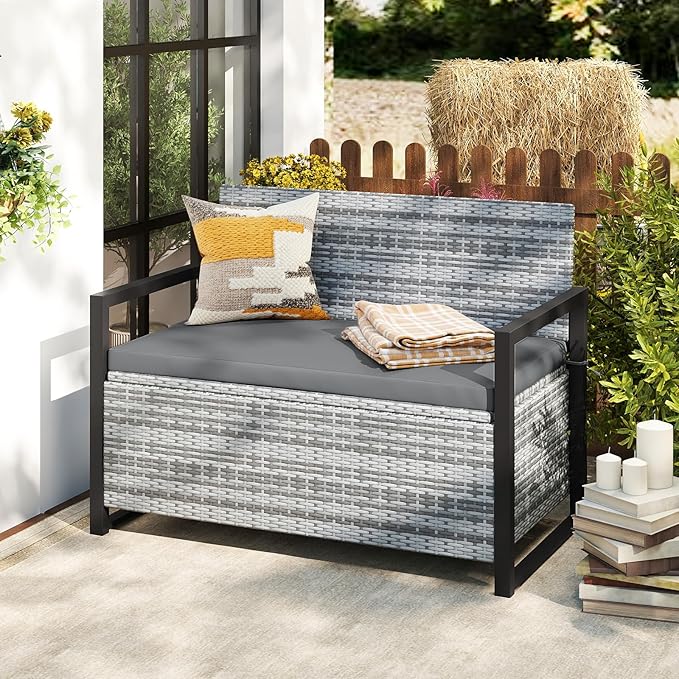 Tangkula 40 Gallon Outdoor Bench with Storage, Patio Wicker Storage Bench with Cushion, Cover, Metal Frame, Deck Box Seat for Backyard, Poolside, Balcony, Garden TANGKULA