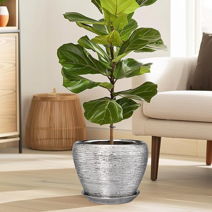 Pot for Plants 8 Inch - Ceramic Plant Pot Indoor with Drainage Hole and Saucer Decorative Planter for Indoor Plants Modern Round Flower Pot for Home Decor Silver Ceramicfor