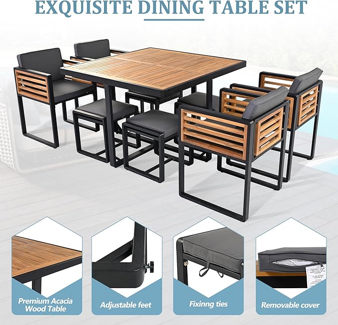 Merax 18 Pieces Outdoor Dining Set for 16 People, Acacia Wood Patio Furniture Sets with 2 Square Tables, 8 Cushioned Chairs and 8 Ottomans for Backyard, Garden, Lawn, Poolside, Gray Merax