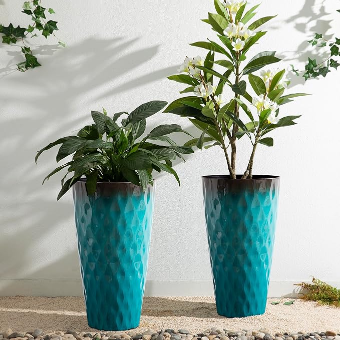 Glitzhome 23.75" H Oversized Tall Planter, Set of 2 Wavy Texture Turquoise Large Planters for Outdoor Plants, with Drainage Hole, Plastic Large Flower Pots for Porch,Garden, Patio or Indoor Use Glitzhome