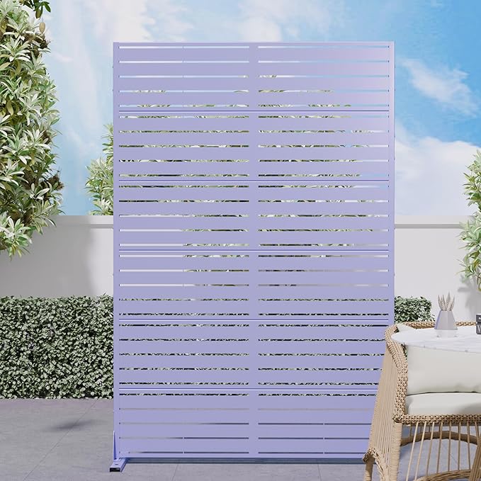 Casaphoria Metal Privacy Screen Outdoor, 72" H x 47" W Freestanding Decorative Privacy Screen for Patio Deck Balcony Garden with Stable Base, Purple-Louvered Casaphoria