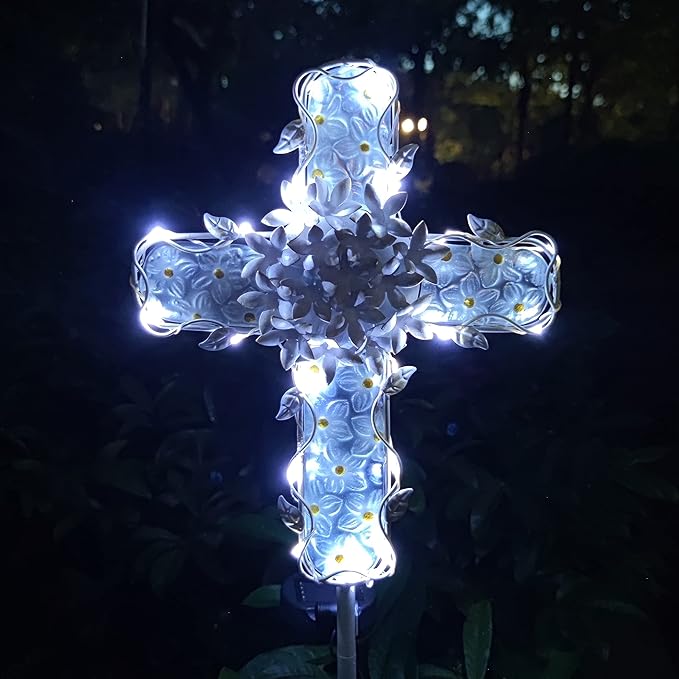 38Inch Solar Cross Garden Lights Outdoor Decorative - Solar Metal&Glass Cross White Hydrangea Flower Stake Lights- Waterproof 20 Warm White LED for Remembrance Gifts & Sympathy Gifts. COOZZYHOUR