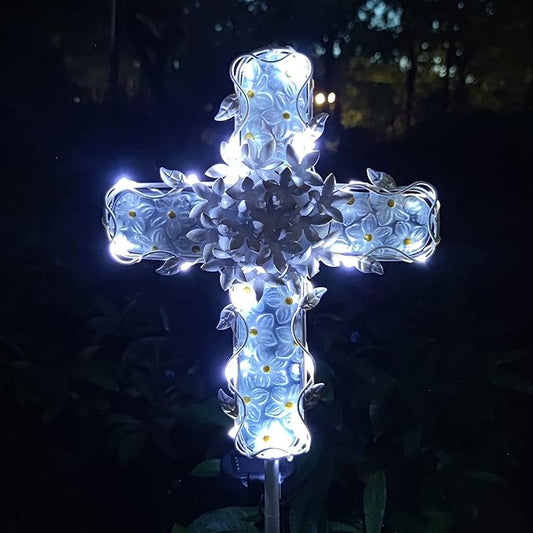 38Inch Solar Cross Garden Lights Outdoor Decorative - Solar Metal&Glass Cross White Hydrangea Flower Stake Lights- Waterproof 20 Warm White LED for Remembrance Gifts & Sympathy Gifts. COOZZYHOUR