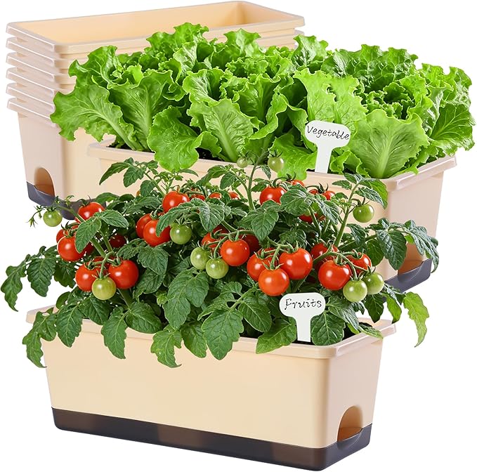Window Box Planter 8 Pcs, 17 Inches Rectangle Flower Pots with Drainage Holes & Trays, Vegetable Planters for Windowsill Patio Garden Balcony Home Indoor Outdoor (Barley Yellow, 16 * 7 * 6 inch) Oliz
