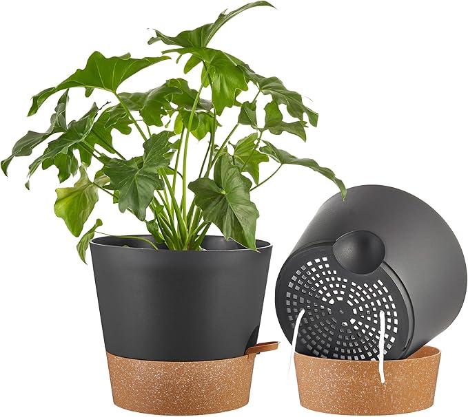 FaithLand 2-Pack 10 Inch Planter Pots for Indoor Outdoor Plants, Self Watering Flower Pots with Deep Reservoir, Black with Terracotta … FaithLand