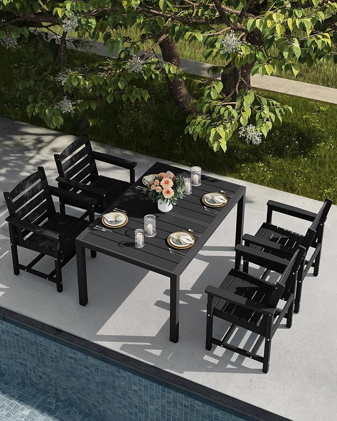 SERWALL Outdoor Expandable Dining Table 60" - 83", Patio Dining Table for 4-10 People, All Weather HDPE and Aluminum Outdoor Furniture for Backyard, Garden, Black SERWALL