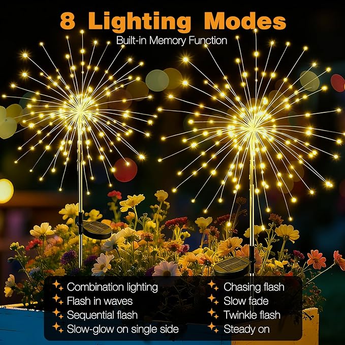btfarm 1 Pack Solar Garden Lights Outdoor, 8 Modes Firework Lights Solar Powered, Waterproof Twinkle Fairy Light Outside for Yard Patio Pathway Pool Christmas Party Decorative, Warm White btfarmdecorativelighting