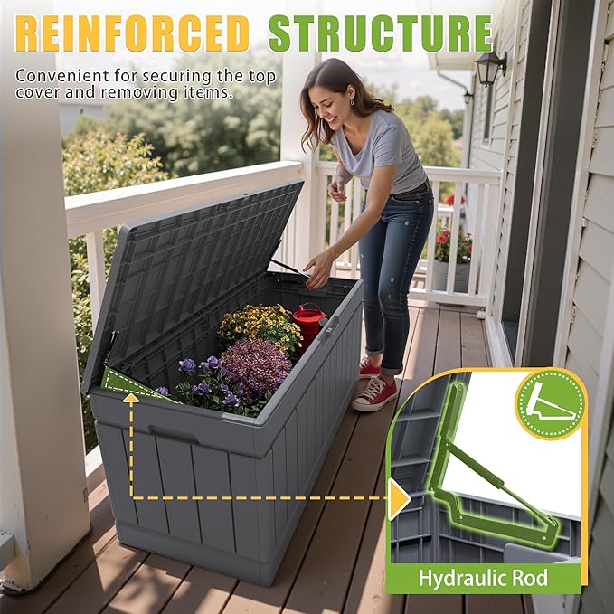 Greesum Outdoor Storage Box 82 Gallon Storage Bin with Lid for Patio Furniture, Garden Tools, Pool Supplies, Waterproof and UV Resistant, Lockable, Gray BuynowfromGreesum