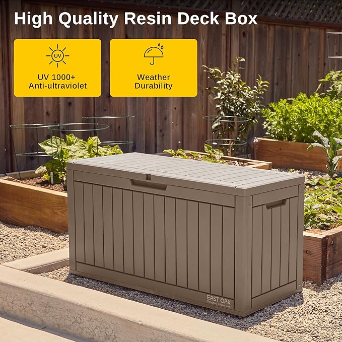 EAST OAK Outdoor Storage Box, 60 Gallon Deck Box Indoor and Outdoor Use, Waterproof Resin Storage Bin for Patio Cushions, Gardening Tools, Lockable, UV Resistant, Brown EASTOAK