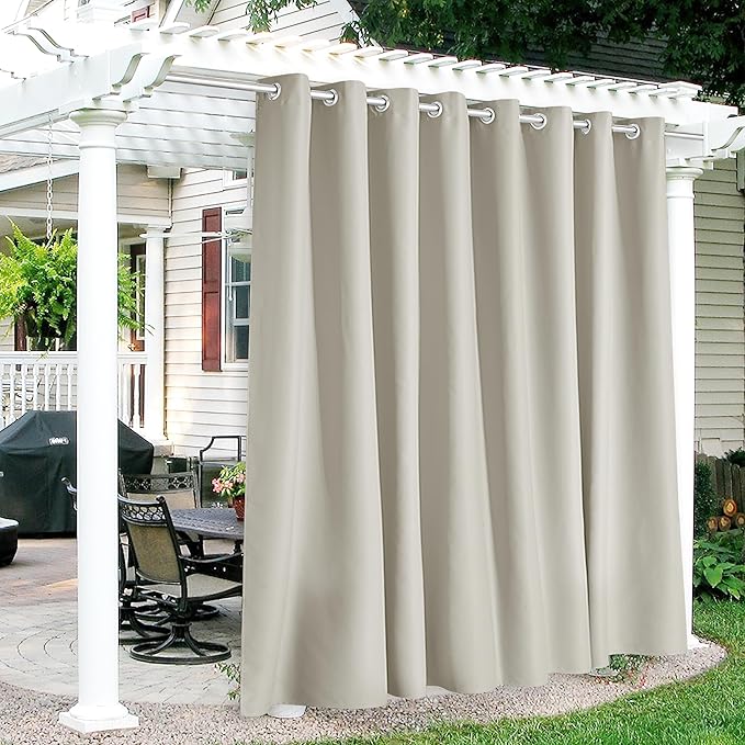 RYB HOME Extra Wide Outdoor Curtains for Patio Waterproof Heavy Duty Thermal Insulated in Summer Full Coverage Privacy for Porch, Cabana & Pool, W120" x L95", Natural, 1 Panel RYBHOME