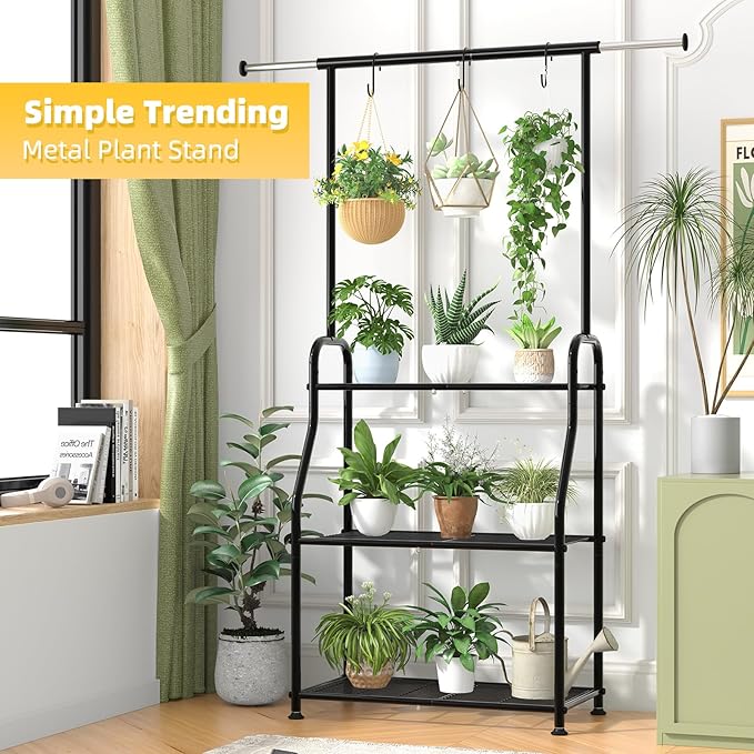 Simple Trending Plant Stand Indoor Outdoor, Heavy Duty Metal 3 Tiered Hanging Plant Shelf for Multiple Flower Planter Holder Tall Large Rack for Living Room Garden Balcony, Black SimpleTrending