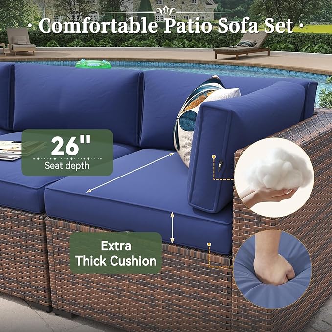 Aoxun 8-Piece Outdoor Patio Furniture Set - 44” Fire Pit Table, Durable Wicker Rattan Sectional Sofa with Coffee Table, Comfy Thickened Cushions, Blue (Waterproof Cover Included) Aoxun