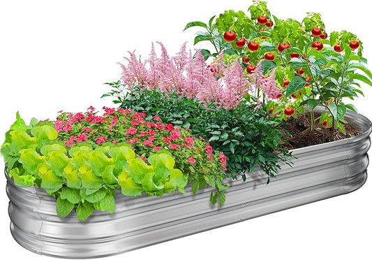 GOOZOO Galvanized Planter Raised Garden Bed, 4x2x1 ft Raised Garden Bed Kit for Gardening Outdoor, Oval Metal Land Planter Box for Vegetables, Flowers, Herbs, Fruits, Easy Assembly（Silver） GOOZOO