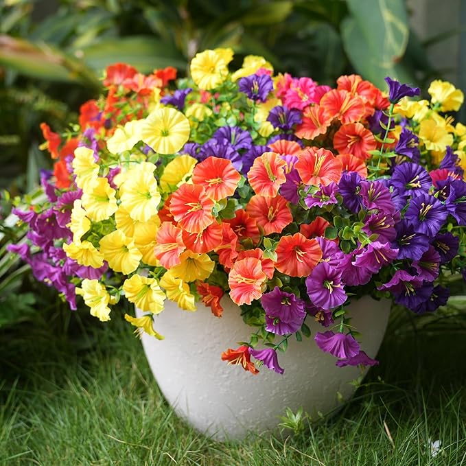 Artificial Flowers for Outdoors, UV Resistant Fake Silk Morning Glory, Realistic Faux Plants for Outside Porch Patio Window Box Hanging Planter (16, Purple Fuchsia Yellow Orange) maxkes
