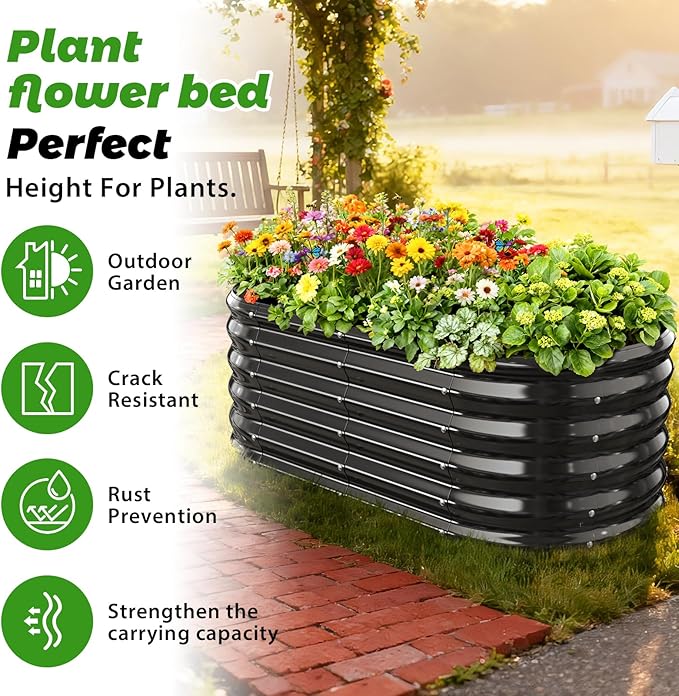 17" Tall Outdoor Garden Raised Garden Bed Kits, 4ft X 2ft Oval,0.8MM Thick Metal Raised Planter Bed/Ground Planter Box for Variety of Flowers,Herbs,Vegetables (Black, 48X24X16.5 Inches) YSEJOMP