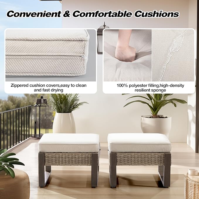 Joyside Outdoor Patio, All-Weather PE Rattan Ottomans Footstools with Removable Cushions & Anti-Rust Wood-Looking Legs for Garden, Backyard, Porch, Deck (Beige) Joyside