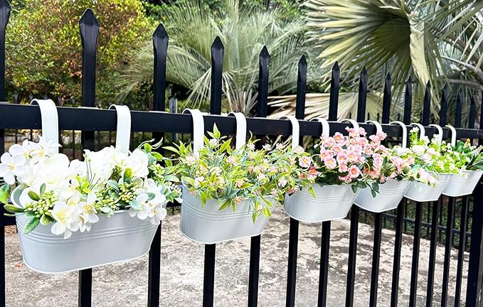 10" Hanging Flower Pots, Pack of 6 White Metal Outdoor Patio Balcony Planter, Railing Planters Fence Pot with Detachable Hook & Drainage Hole for Small Plants (White, 6Pcs) JOYFERNAL