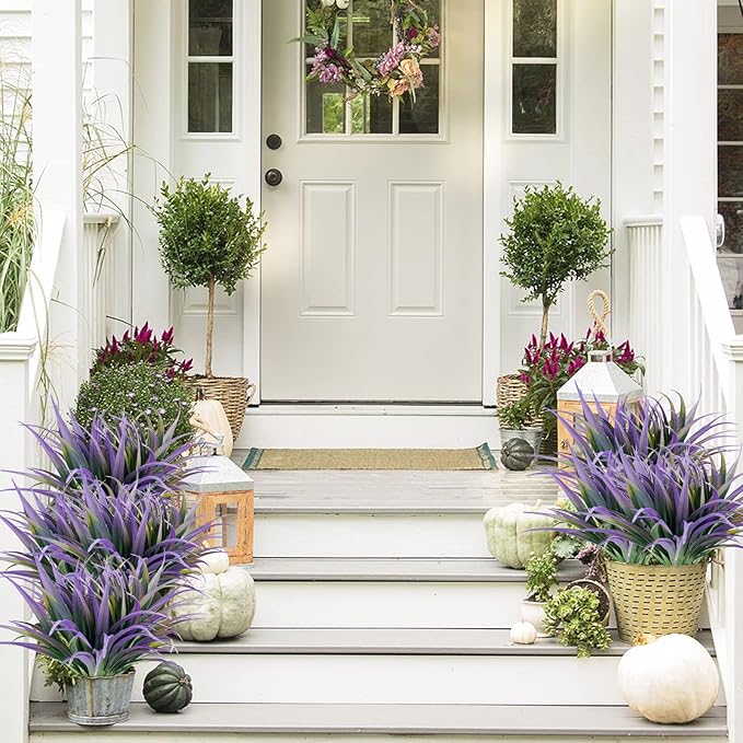 16Pcs Artificial Grass Fake Plants 17.3in Outdoor Plants UV Resistant Faux Greenery Stems Fake Grass for Home Window Garden Office Patio Pathway Front Porch Halloween Décor Green & Purple Phliofd