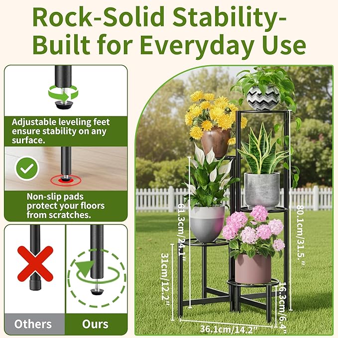 Plant Stand 5 Tier Indoor Metal Flower Shelf for Multiple Plants Corner Tall Flower Holders for Patio Garden Living Room Balcony Bedroom Black Diamond Rootora