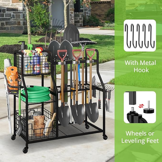 keomaisyto Garden Tool Organizer with Heavy Duty Wheels for Garage - with 2 Baskets, Large Yard Tool Organizer and Storage Holder, Utility Garden Tool Rack for/Shed/Garage/Yard/Basement/Lawn keomaisyto