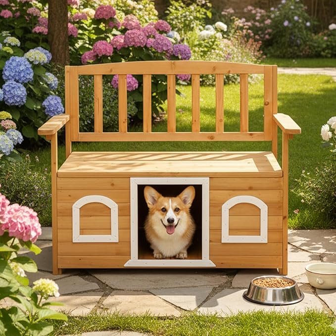 VINGLI Outdoor Storage Bench with Built-in Dog House, 2-in-1 Outdoor Waterproof Patio Bench with Pet Kennel for Patio Backyard Porch (Natural) VINGLI