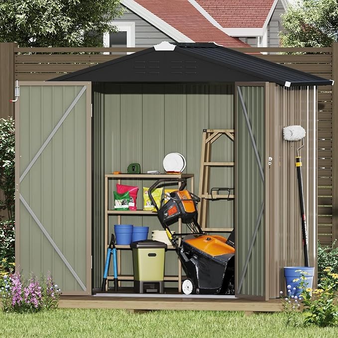 Devoko Outdoor Storage Shed 6 x 4 FT Lockable Metal Garden Shed Steel Anti-Corrosion Storage House with Double Lockable Door for Backyard Outdoor Patio (Brown) DEVOKO