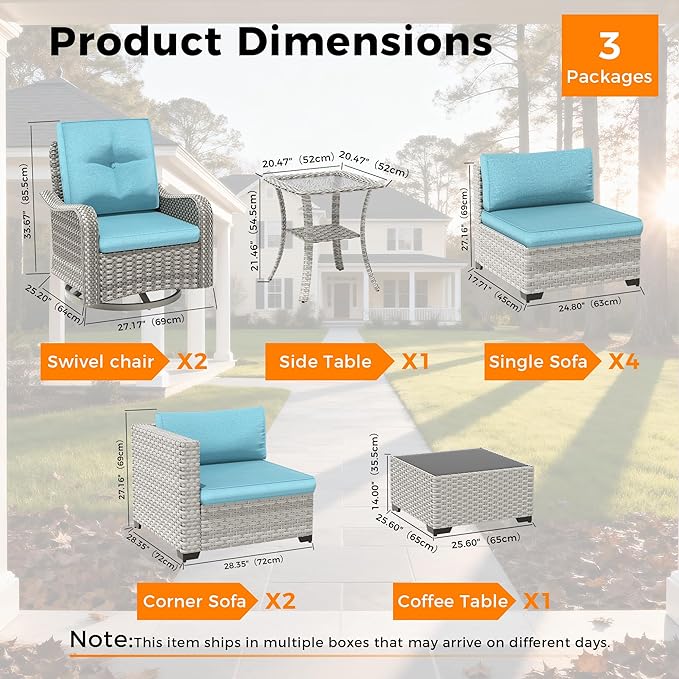 8-Seat Modern Patio Furniture Set with Swivel Rocking Chairs, Thick 4″ Cushions, Dual-Strand Wicker Rattan, Rust-Resistant Steel Frame – Outdoor Conversation & Modular Sectional,Blue MASIONBACKYARDS