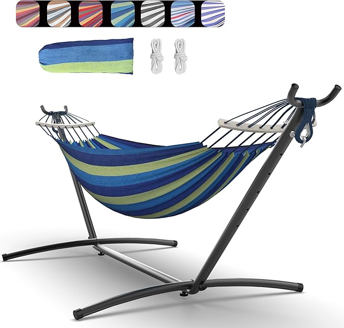 Double Hammock with Space-Saving Steel Stand, 2 Person Heavy-Duty Hammock for Garden, Yard or Outdoor, 600lbs Capacity, Wide Blue Rootora