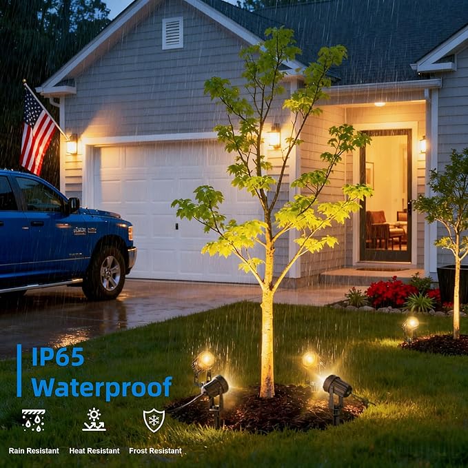 All-in-One Low Voltage Landscape Lighting, Dusk to Dawn Transformer Timer, Waterproof Spotlights, Dimmable LED Outdoor Landscaping Lights Kit for Yard Backyard Tree House 24V Warm White 4 Pack Sunmerit