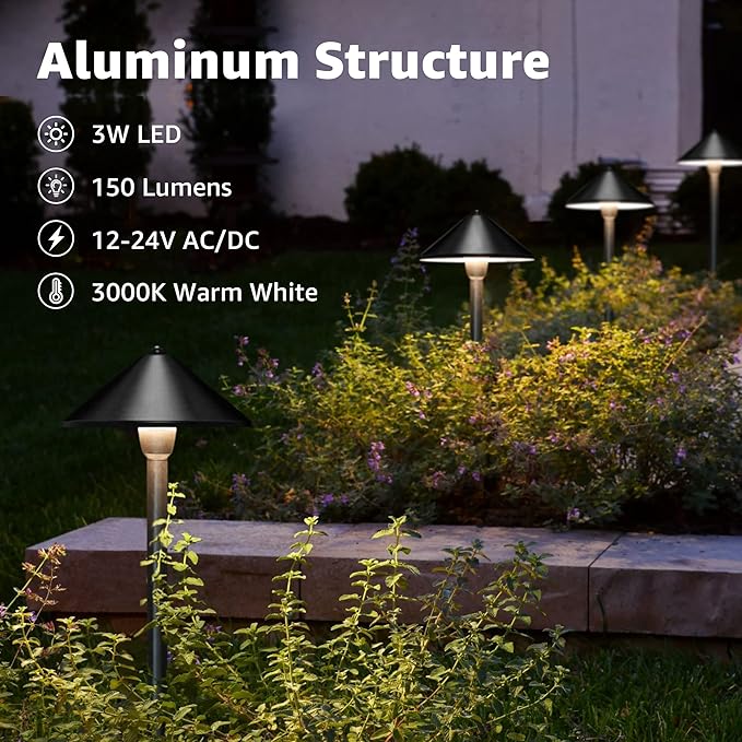 SUNVIE Low Voltage Landscape Lights 3W LED Pathway Lights Low Voltage 3000K Landscape Lighting 12-24V Waterproof Aluminum Wired Landscape Path Lights for Garden Walkway Yard ETL Listed Cord, 12 Pack SUNVIE