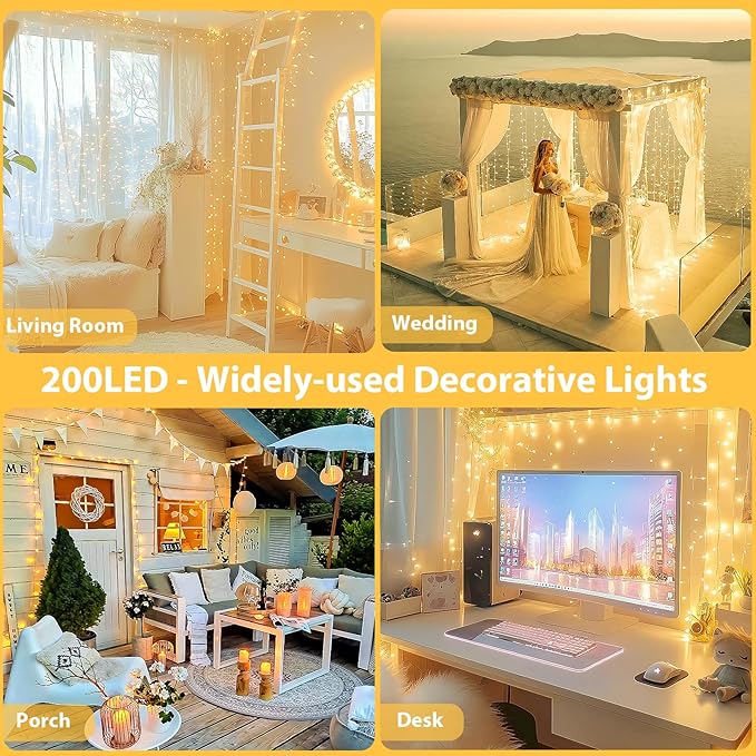 Connectable 200 LED String Lights Indoor Outdoor with Timer, 66FT 13 Modes Warm White Christmas Lights Waterproof, Twinkle Fairy Lights Plug in Clear Wire for Christmas Tree, Bedroom, Classroom Decor SANJICHA