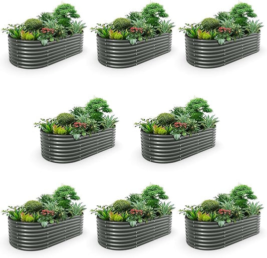 A ANLEOLIFE 8-Set 8X4X2 ft Galvanized Raised Garden Bed Kit, Oval Metal Deep Root Planters for Outdoor Plants, Quartz Grey AAnleolife