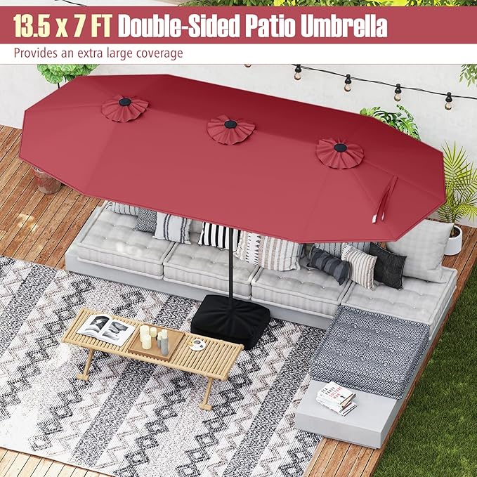 Tangkula 9 Piece Rattan Outdoor Dining Set with 13Ft Umbrella for 6, Outdoor Wicker Table Set with 6 Cushioned Armchairs, Acacia Wood Top, Outdoor Umbrella & with Base Included TANGKULA